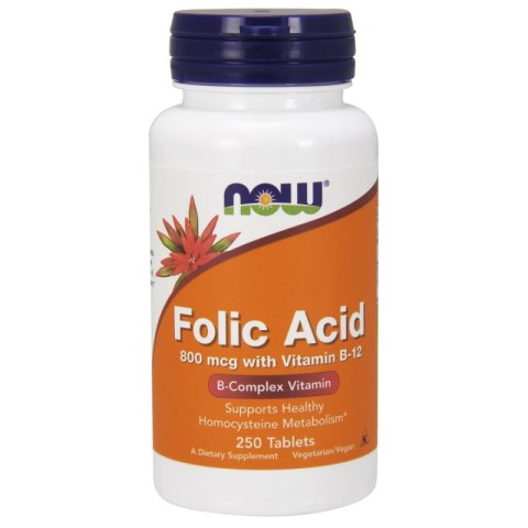 NOW Foods NOW FOODS Folic Acid - Kwas foliowy 800 mcg + Witamina B12 25 mcg (250 tabl.)
