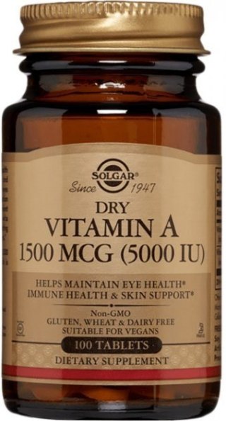 Solgar SOLGAR Dry Vitamin A 5000 IU 1500 mcg - Sucha Witamina A(100 tabl.)